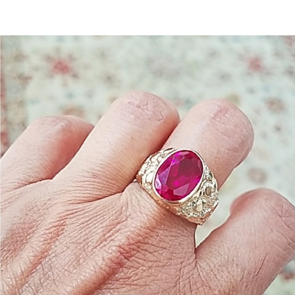 New Large 17mm Real 14k Yellow Gold Men's Nugget Ruby Ring - Picture 16 of 16